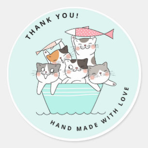 Sticker Rond Cute Happy Chats fait main avec Merci d'amour