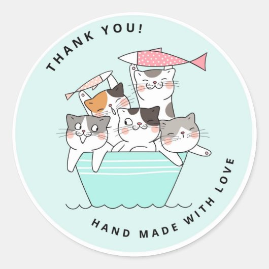 Sticker Rond Cute Happy Chats fait main avec Merci d'amour (Devant)