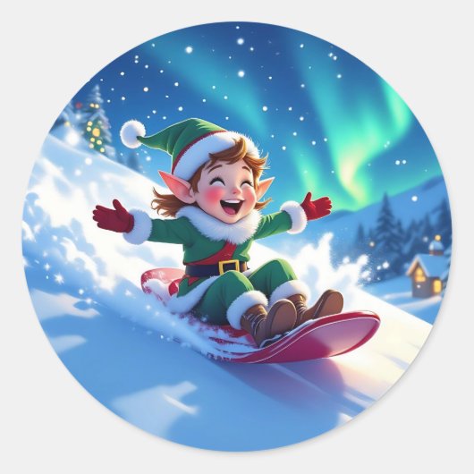 Sticker Rond Cute Happy Elf Sledding Christmas (Devant)