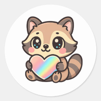 Sticker Rond Cute Happy Kawaii Raccoon with Rainbow Heart