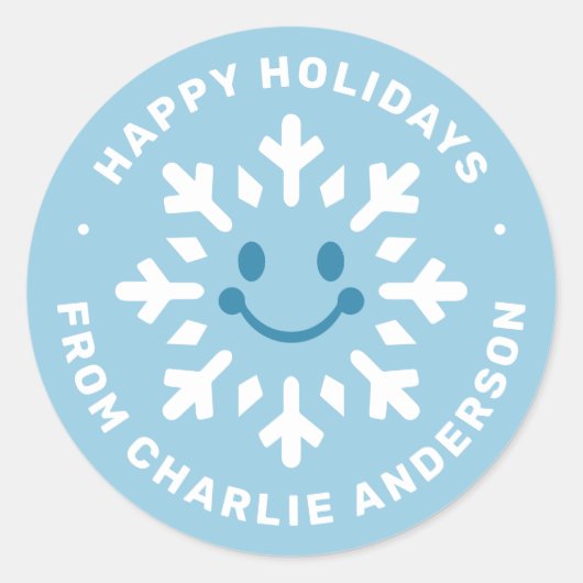 Sticker Rond Cute happy snowflake Happy Holidays blue winter (Devant)