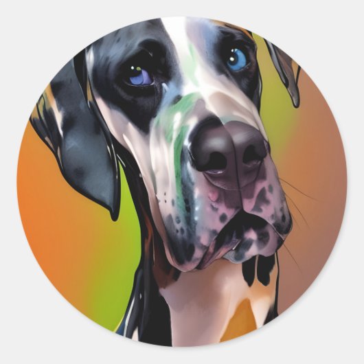 Sticker Rond Cute Harlequin Great Dane (Devant)