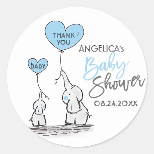 Sticker Rond Cute Heart BOY Blue Elephant maman & Baby shower (Devant)