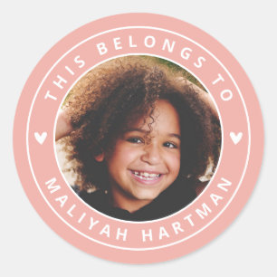 Sticker Rond Cute Hearts Circle Frame Photo Nom École Coral