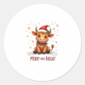 Sticker Rond Cute Highland Baby Cow Christmas Lights Merry & Br (Devant)