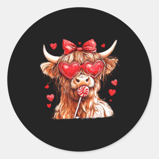 Sticker Rond Cute Highland Cow Candy Cane Heart Valentines Day  (Devant)