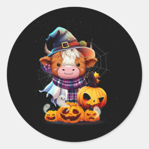 Sticker Rond Cute Highland Cow Citrouille Western Halloween Fun