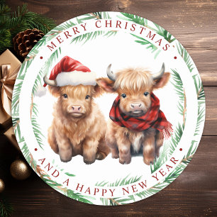 Sticker Rond Cute Highland Cow Farm Animaux Joyeux Noël