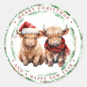 Sticker Rond Cute Highland Cow Farm Animaux Joyeux Noël (Devant)