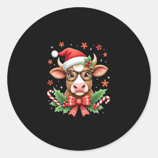 Sticker Rond Cute Highland Cow Lover Santa Hat Western Christma