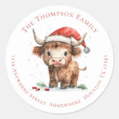 Sticker Rond Cute Highland Cow Nom de retour Adresse Noël (Devant)