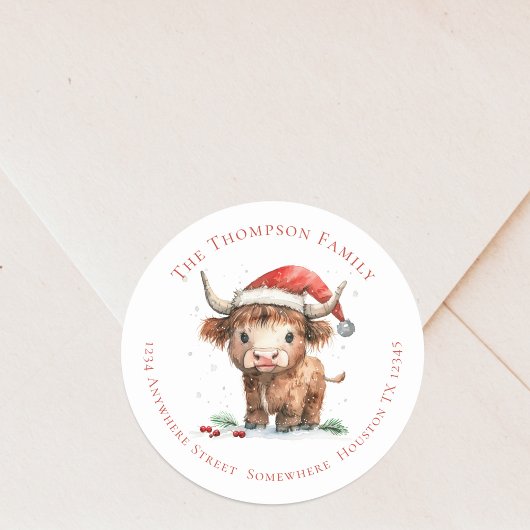 Sticker Rond Cute Highland Cow Nom de retour Adresse Noël