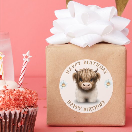 Sticker Rond Cute Highlands Scottish Cow (Fête)