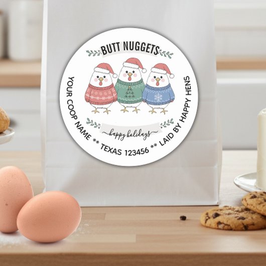 Sticker Rond Cute Holiday BUTT NUGGETS egg carton label