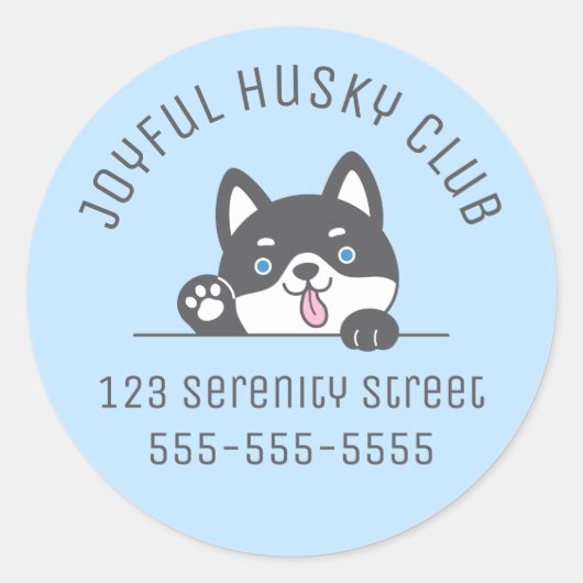 Sticker Rond Cute Husky Chien Bleu Texte personnalisé (Devant)