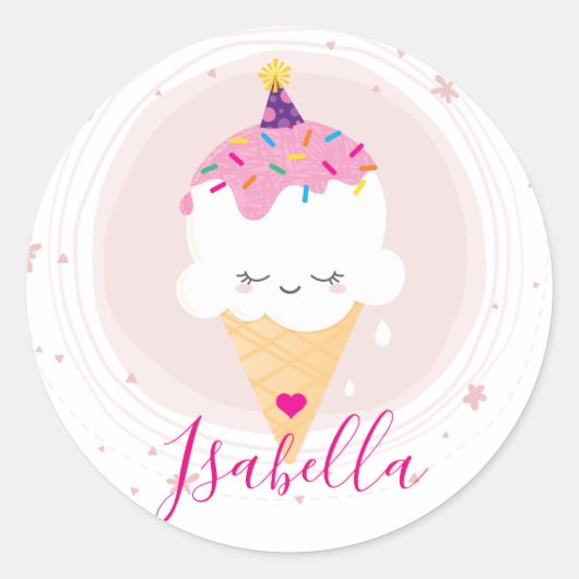 Sticker Rond CUTE ICECREAM CONE kawaii illustration arroses (Devant)