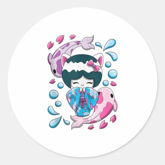 Sticker Rond Cute Japonais Kawaii Kokeshi Doll et Koi Fishers (Devant)