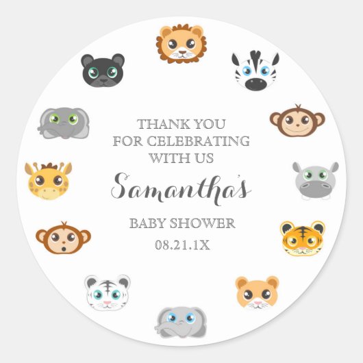 Sticker Rond Cute Jungle Animal thème Baby shower Merci (Devant)