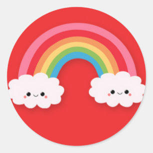 Sticker Rond Cute Kawaii arc-en-ciel et nuages sur rouge