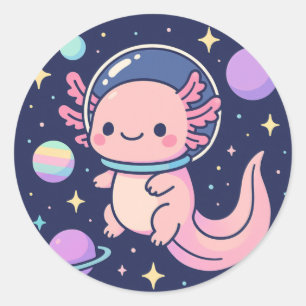 Sticker Rond Cute Kawaii Axolotl Astronaut - Avent spatial rétr