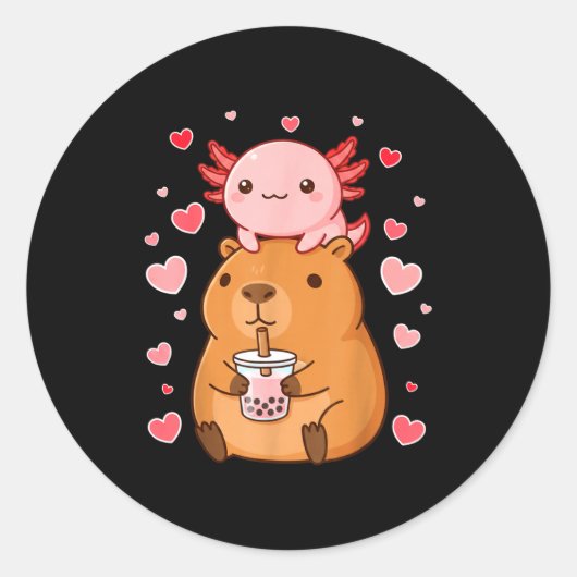Sticker Rond Cute Kawaii Axolotl Capybara Bubble Tea Boys Girls (Devant)