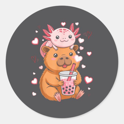 Sticker Rond Cute Kawaii Axolotl Capybara Bubble Tea Boys Girls (Devant)