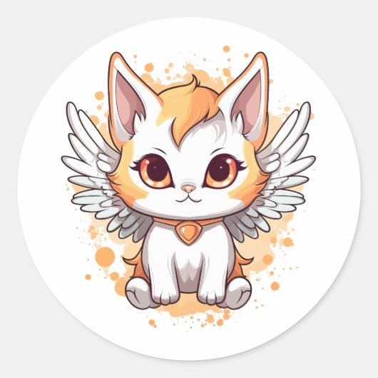 Sticker Rond Cute Kawaii Calico Chat avec ailes (Devant)