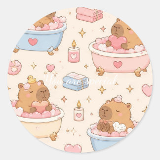 Sticker Rond Cute Kawaii Capybara Heart Bath Pattern