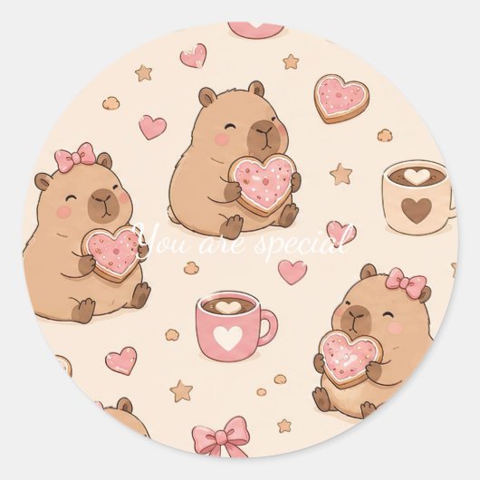Sticker Rond Cute Kawaii Capybara Heart Cookie Pattern (Devant)