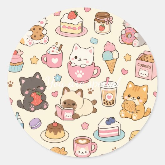 Sticker Rond Cute Kawaii Cat Café Pattern | Coffee and Dessert (Devant)