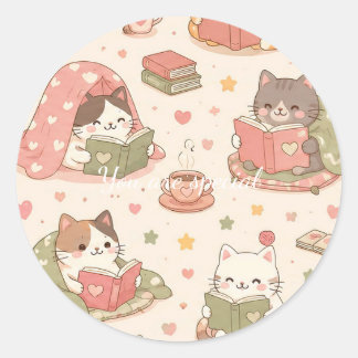 Sticker Rond Cute Kawaii Cat Heart Book Pattern