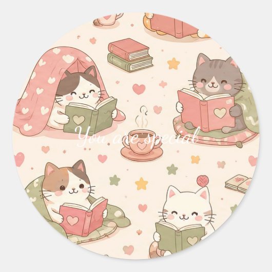 Sticker Rond Cute Kawaii Cat Heart Book Pattern (Devant)