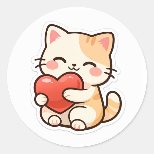 Sticker Rond Cute Kawaii Cat Holding Heart – Adorable Love  (Devant)