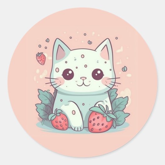 Sticker Rond Cute kawaii chat avec fraises (Devant)