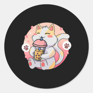 Sticker Rond Cute Kawaii Chat Boba Tea Anime Kitten Cadeau Enfa