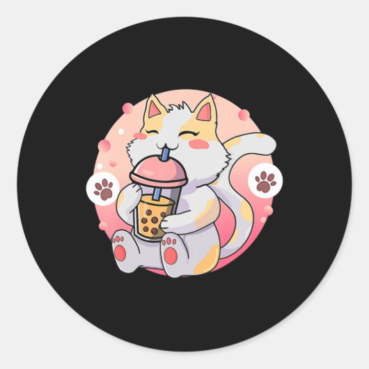 Sticker Rond Cute Kawaii Chat Boba Tea Anime Kitten Cadeau Enfa (Devant)