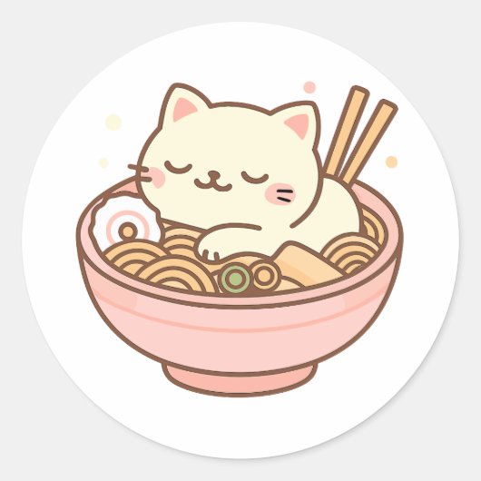 Sticker Rond Cute Kawaii Chat Dormir dans le Ramen Bowl (Devant)