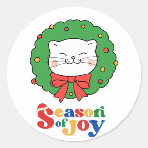 Sticker Rond Cute Kawaii Chat Noël Wreath Saison de joie