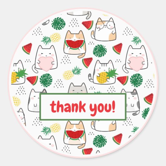 Sticker Rond Cute Kawaii Chats Merci de pastèque tropicale (Devant)