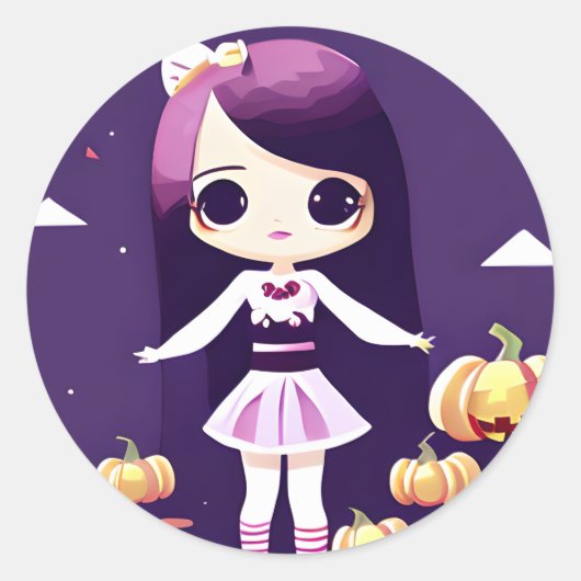 Sticker Rond Cute Kawaii fille avec Halloween Citrouille (Devant)