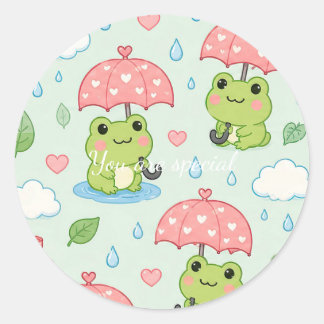 Sticker Rond Cute Kawaii Frog Heart Umbrella Pattern
