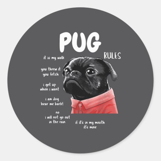 Sticker Rond Cute Kawaii Funny Black Pug Dog Rules Men Women Ki (Devant)