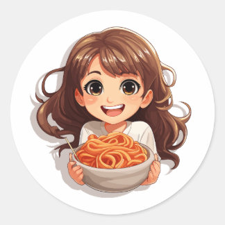 Sticker Rond Cute Kawaii Girl Manger Spaghetti