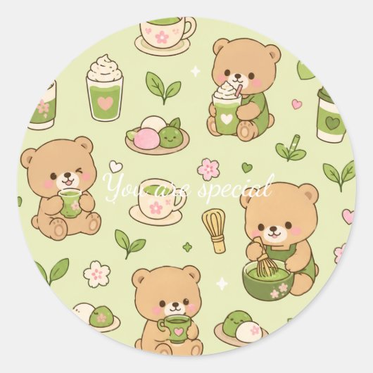 Sticker Rond Cute Kawaii Matcha Teddy Bear Pattern | Green Tea (Devant)