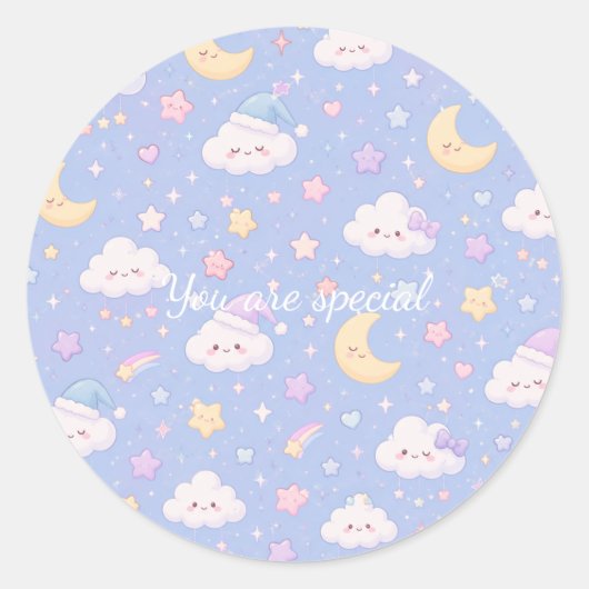 Sticker Rond Cute Kawaii Moon & Clouds Pattern | Dreamy Pastel (Devant)