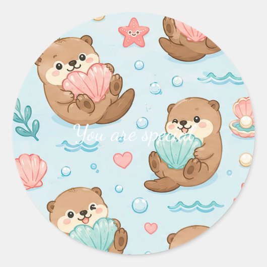 Sticker Rond Cute Kawaii Otter Heart Seashell Pattern (Devant)