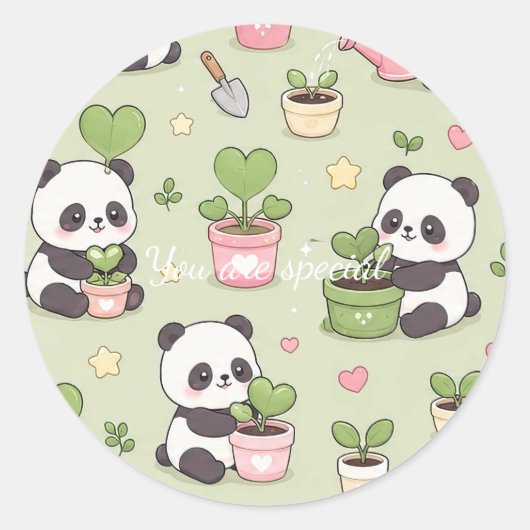 Sticker Rond Cute Kawaii Panda Heart Plant Pattern (Devant)