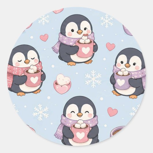 Sticker Rond Cute Kawaii Penguin Hot Cocoa Pattern (Devant)