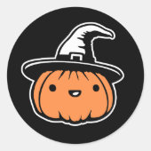 Sticker Rond Cute Kawaii Pumpkin Wearing Witch Hat Halloween (Devant)