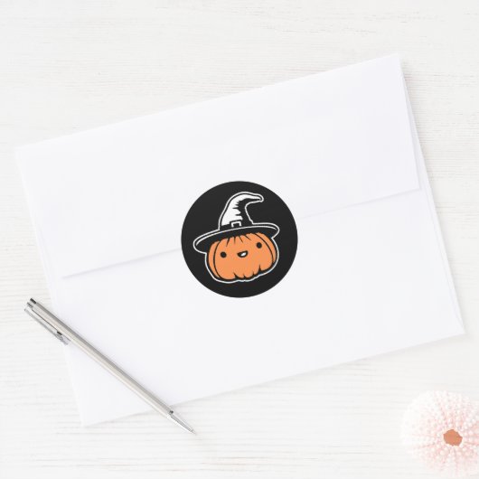Sticker Rond Cute Kawaii Pumpkin Wearing Witch Hat Halloween (Enveloppe)